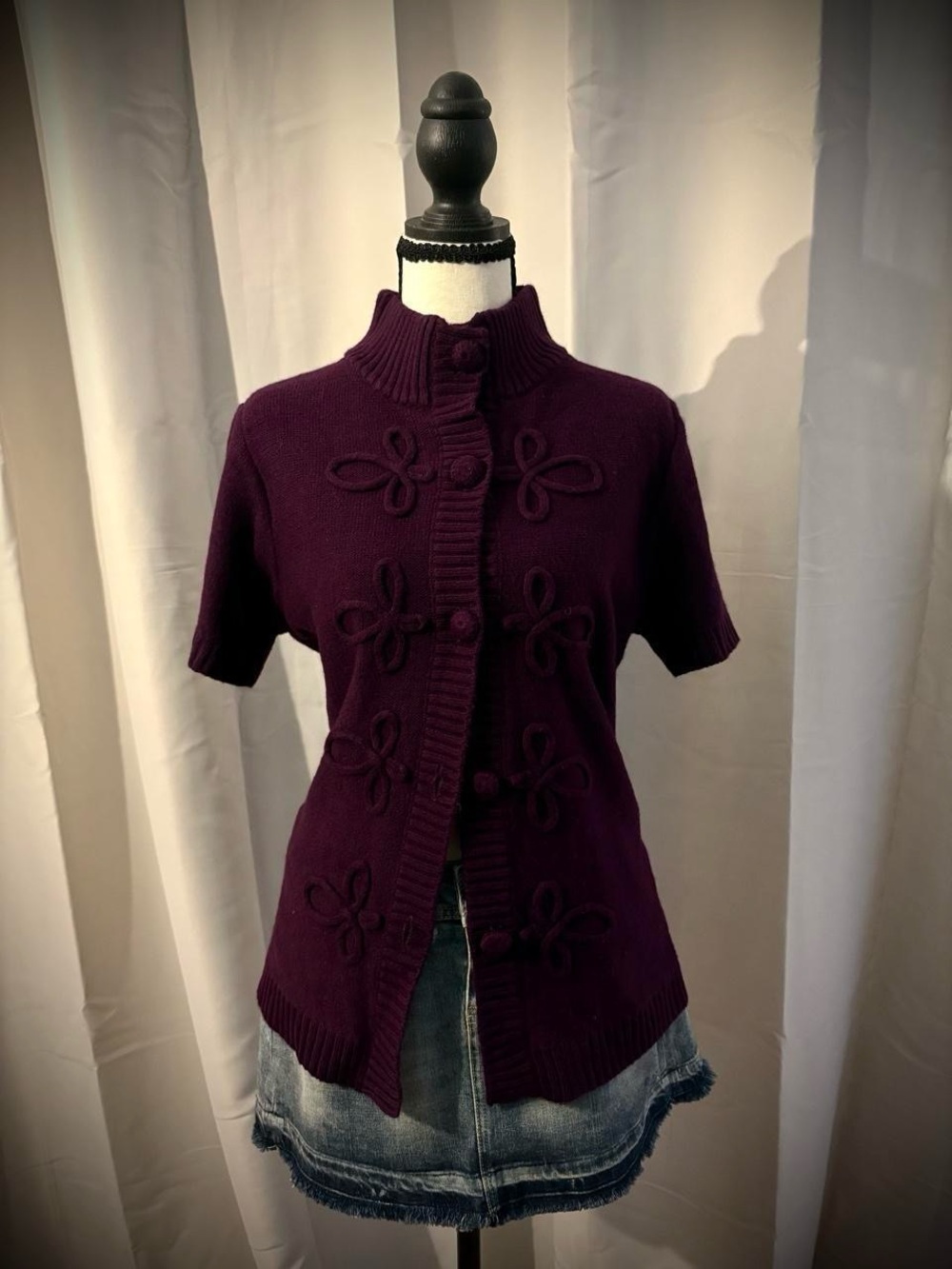 Short-Sleeve Button Cardigan Sweater in Deep Plum